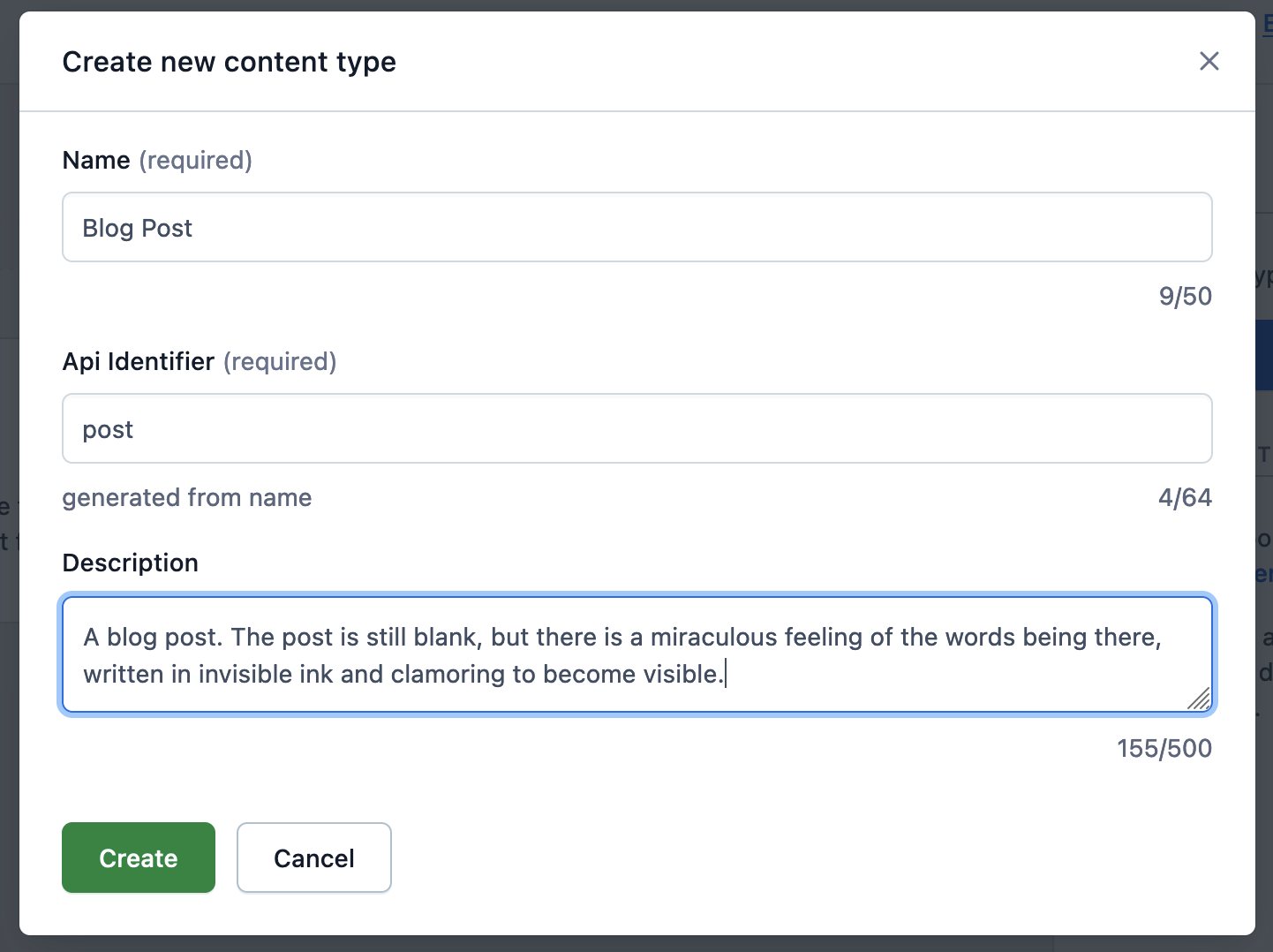 A user interface showing the creation of a new content type in Contentful
