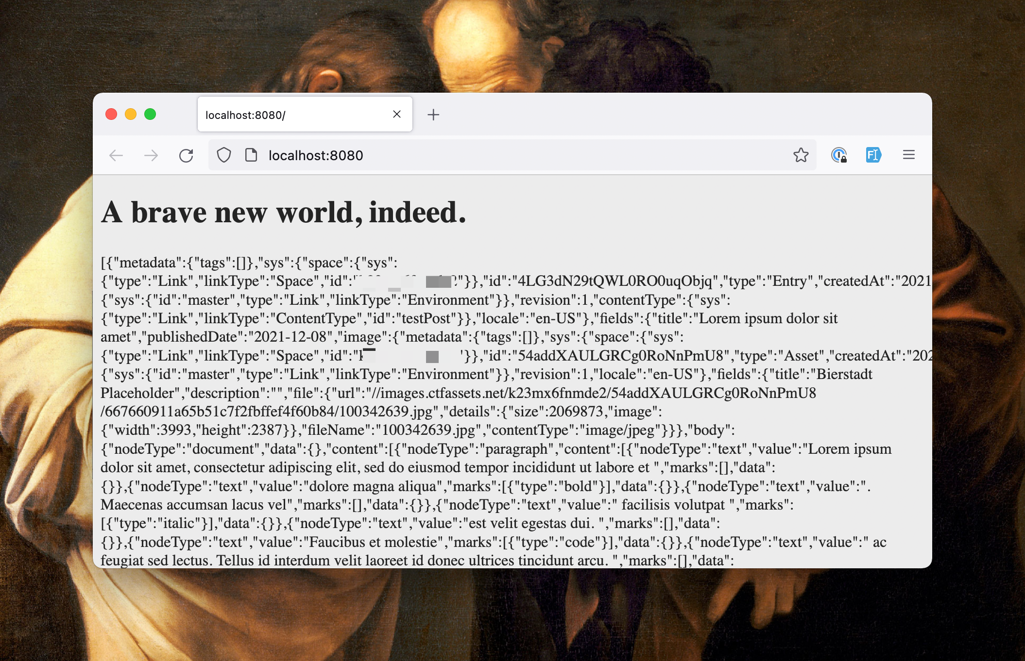 A browser showing a website populated with a headline and some JSON code.