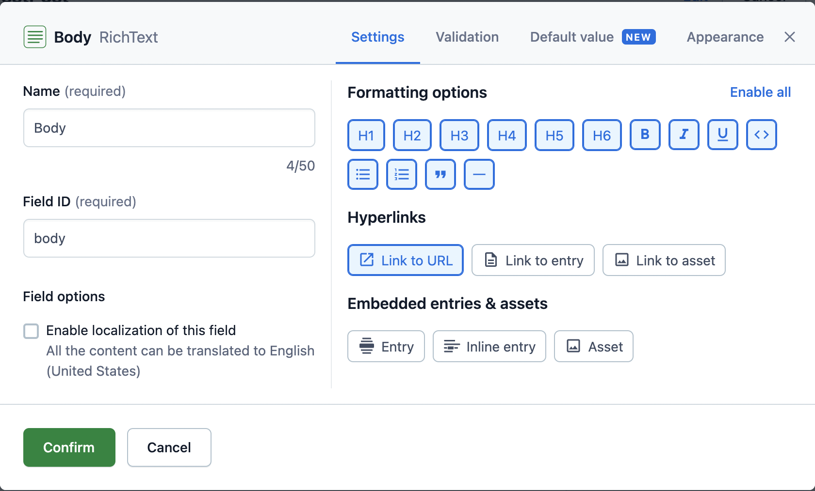The user interface for creating a new RichText field in Contentful. The options for linking to another entry or asset, and embedding other content types are disabled.