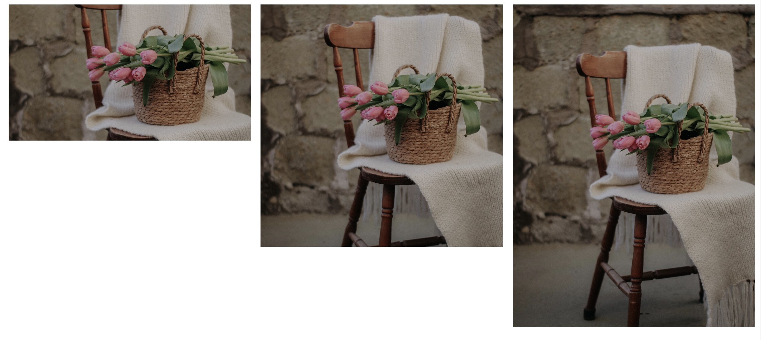 The three images now rendered perfectly, showing the subject matter flower bouquet centered in every arbitrary aspect ratio the image is displayed at.