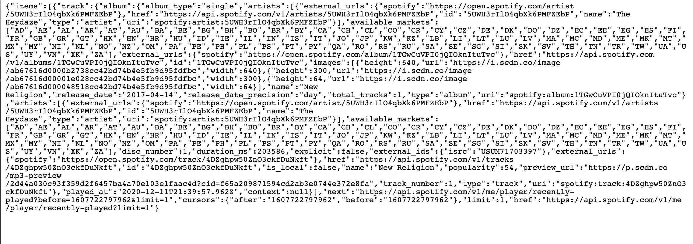 A screenshot of the large JSON block that Spotify responds to our request with.