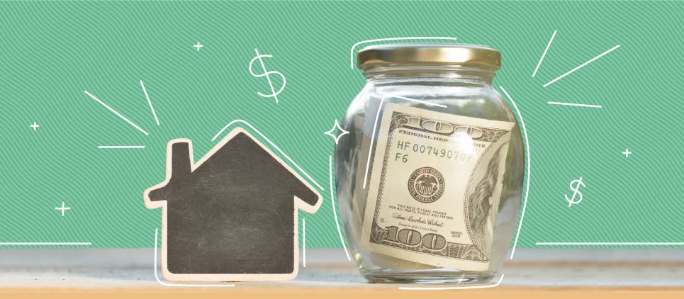 Jar with one hundred dollar next to a drawing of a house. 