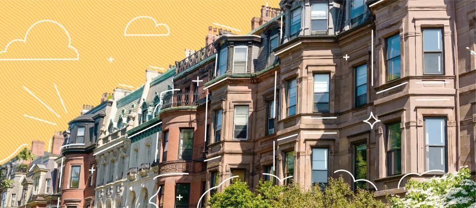 A row of brownstone buildings. 