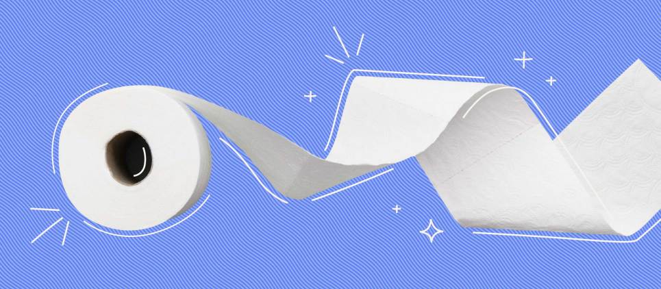 leftward rolling toilet paper on blue background