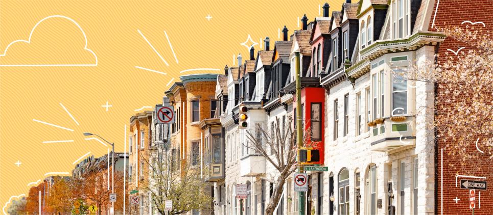 View of a Baltimore street lined with houses. 