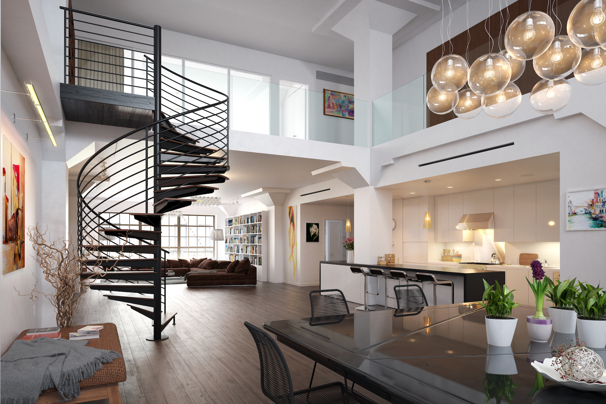 Interior of a penthouse apartment with a staircase and vaulted ceiling.