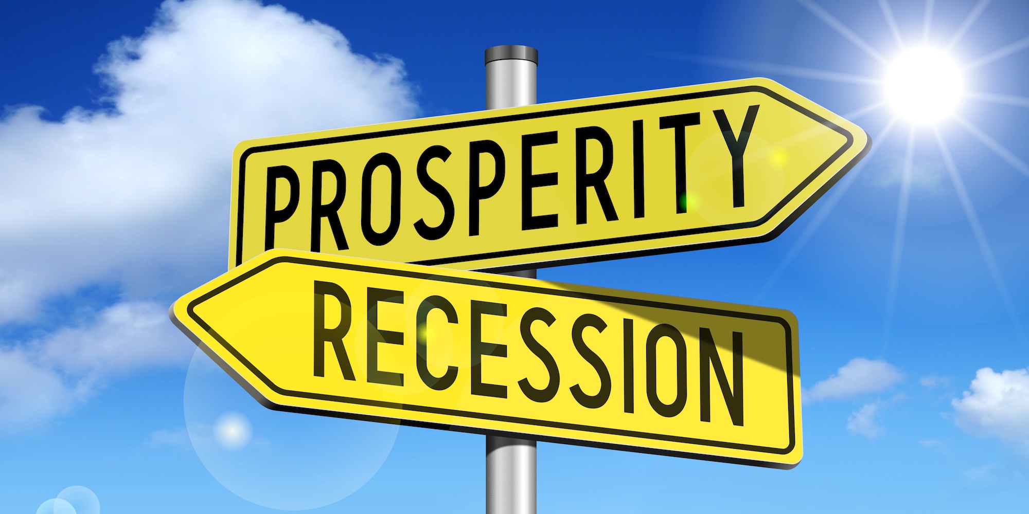Two signs point in different directions reading "recession" and "prosperity".