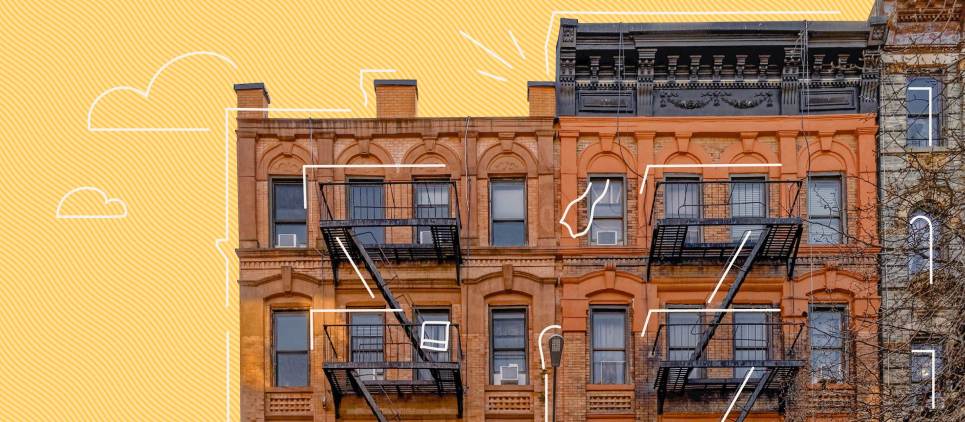 NYC-looking apartments with fire escapes on yellow background