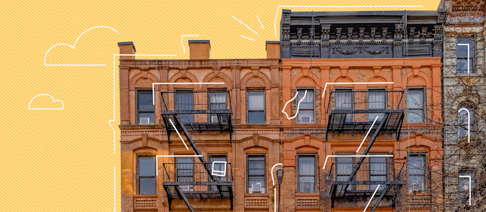 NYC-looking apartments with fire escapes on yellow background