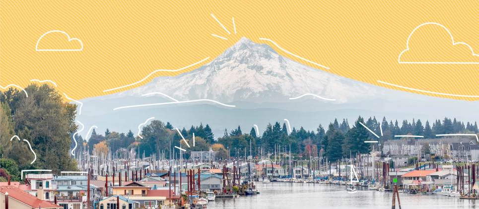 mountain in Oregon with drawn on yellow sky, and boats in the distance 