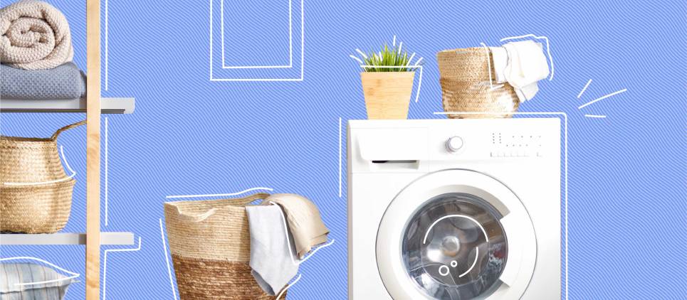 laundry room with dryer, basket and towels on a shelf all on a blue background 