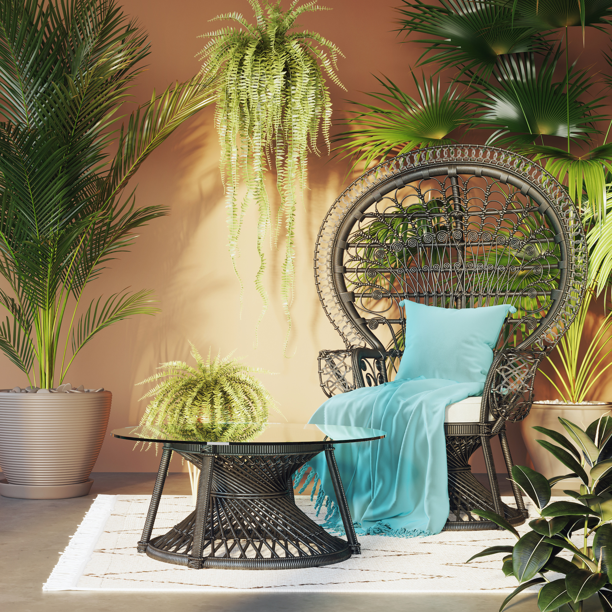A peacock chair and tropical plants on a patio. 