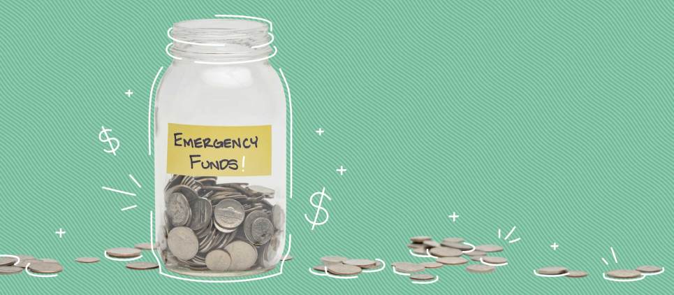 money jar with coins that states emergency funds on a green background 