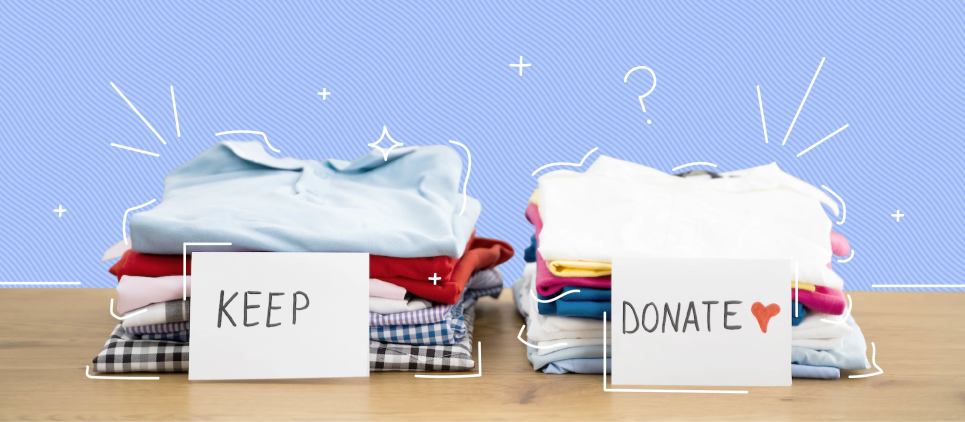 Two piles of clothing sit side by side with signs that read "keep and "donate".