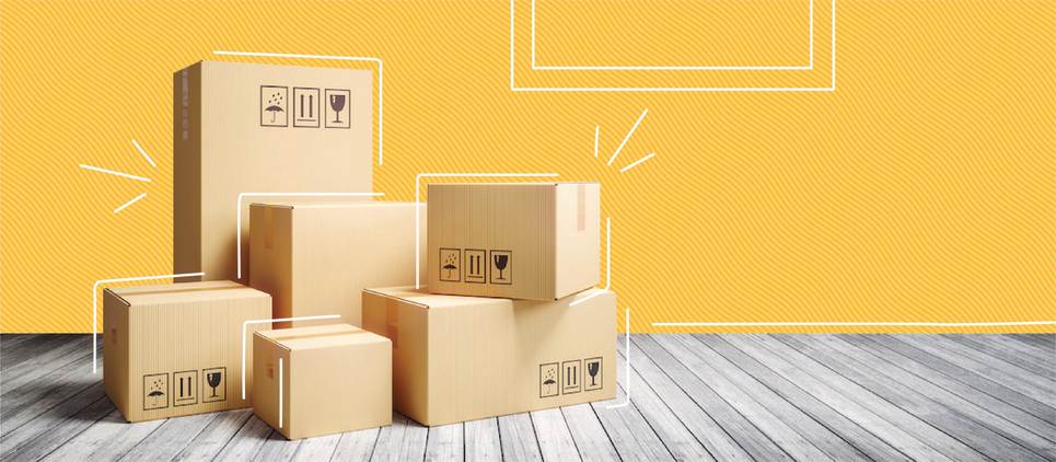 stacked boxes on yellow background