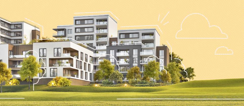 white and gray condo complex with green lawn on yellow background
