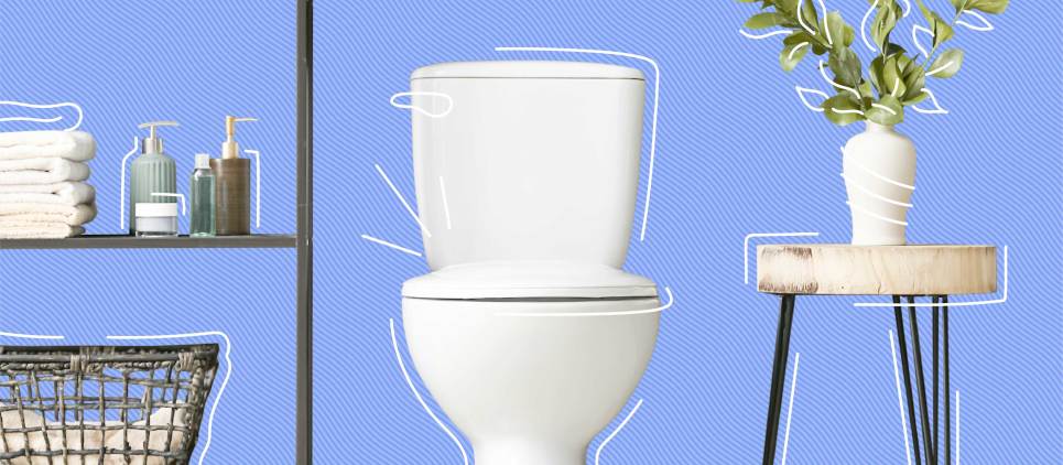 white bathroom, toilet, and green plant on blue background