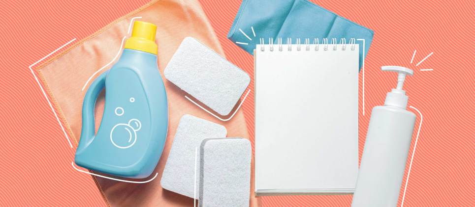 detergent bottle with sponges and notebook