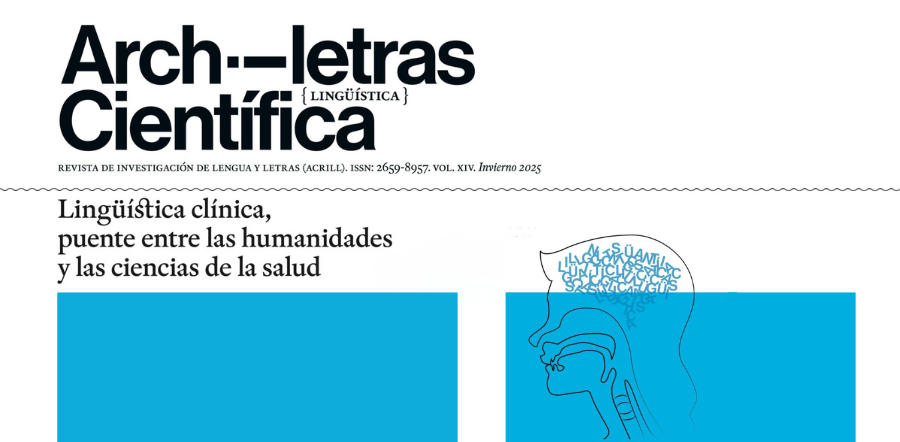 Portada en blanco y azul del número 14 de la Revista Archiletras Científica: “Lingüística clínica, puente entre las humanidades y las ciencias de la salud”