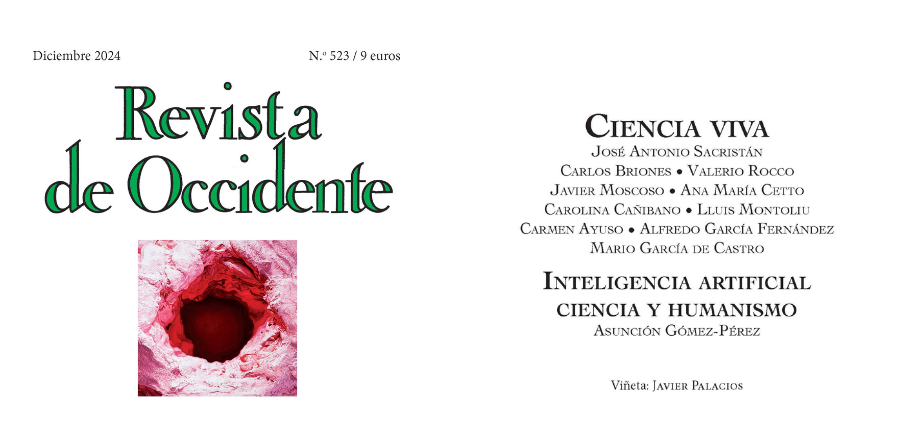 Letras en color verde botella y reborde negro para “Revista de Occidente” y justo debajo tunes de piedra de color rosa intenso. A la derecha título del número de esta revista “Ciencia viva” y nombre de los autores