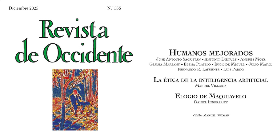 Portada Revista de Occidente, título en verde, con una viñeta de un hombre sentado en un parque en otoño. 