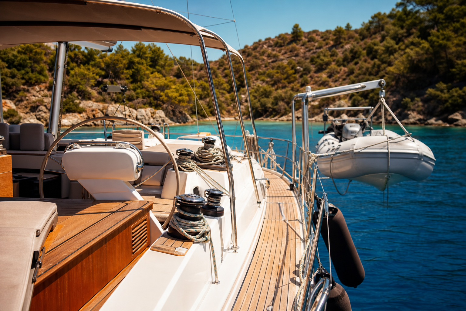 A yacht deck with the bimini rigged, guardrails and a tender on davits