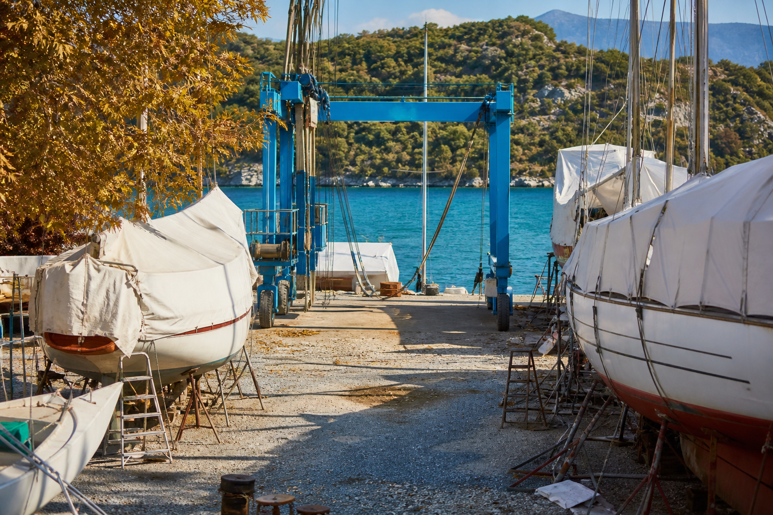 Çekek sahasında payandalara alınmış brandalı tekneler ve mavi travel lift