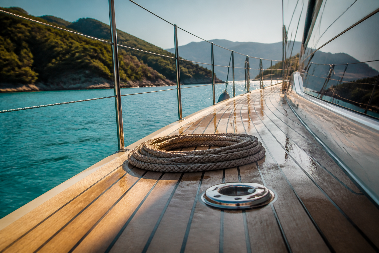 A well-kept bare teak deck: silver-honey planks, intact black seams, still damp after a rinse