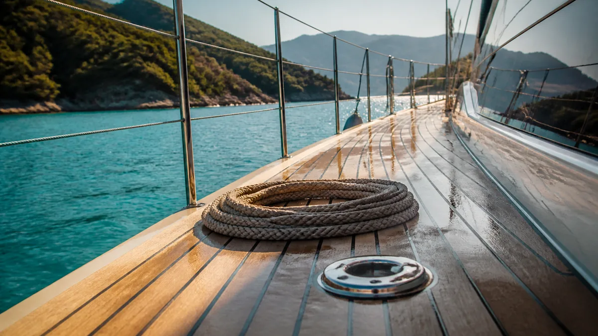 A well-kept bare teak deck: silver-honey planks, intact black seams, still damp after a rinse