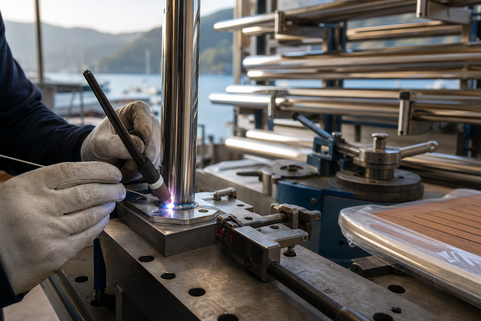 A guardrail stanchion base being weld-repaired in the workshop, stainless tube stock racked behind