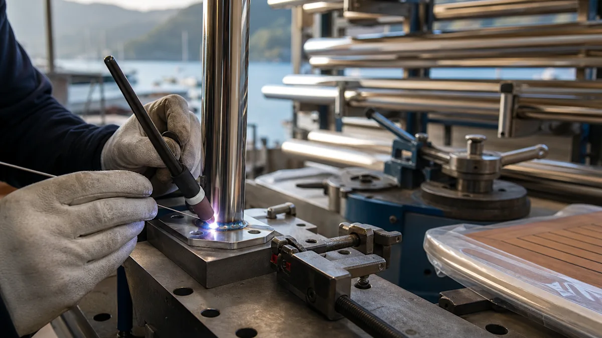 A guardrail stanchion base being weld-repaired in the workshop, stainless tube stock racked behind