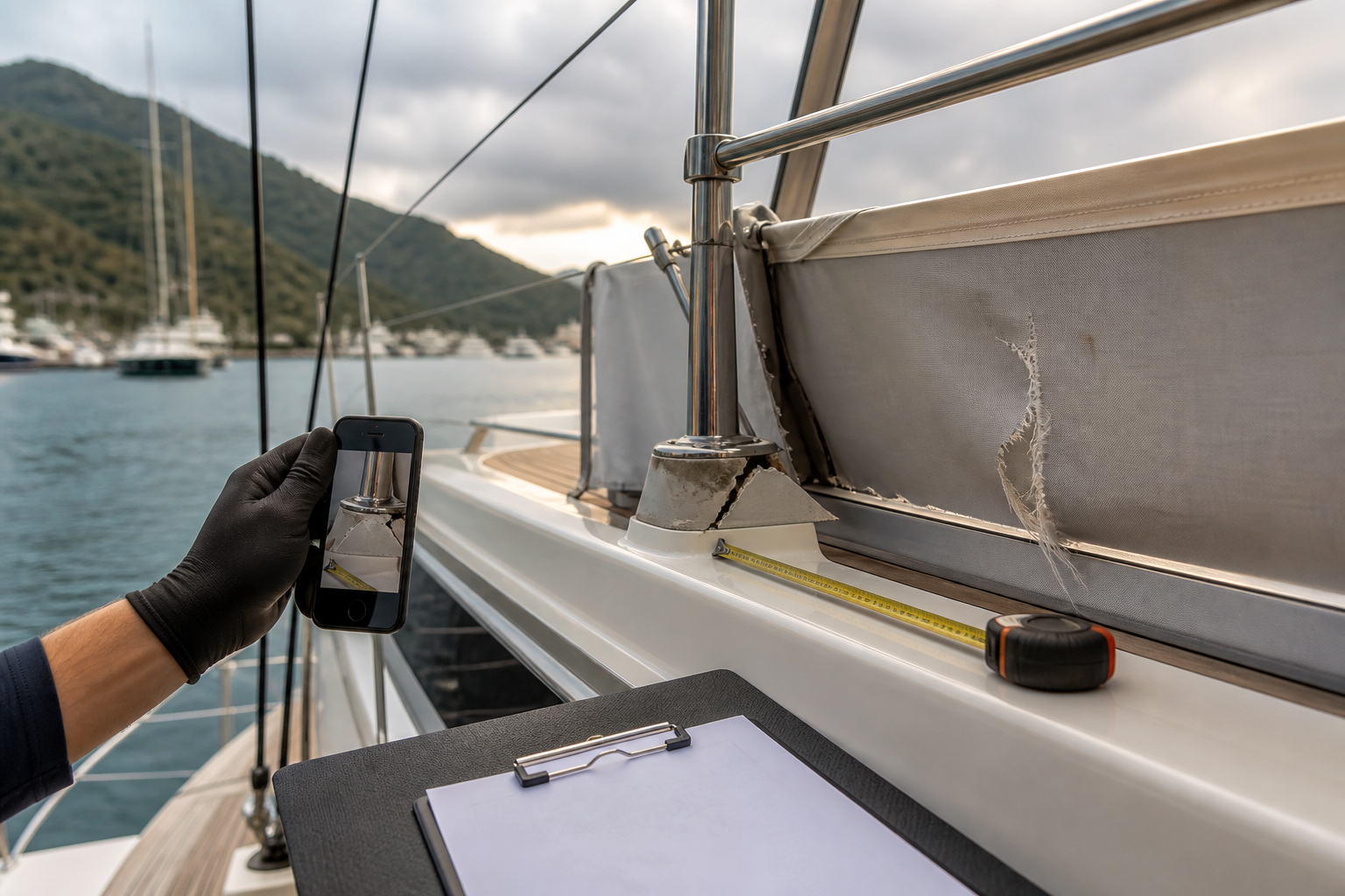 Fırtına sonrası hasarın telefonla fotoğraflanması, yanında ölçek için şerit metre