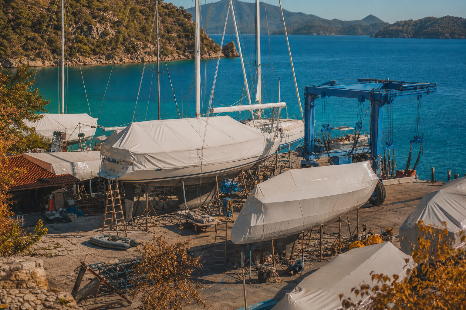 Covered boats on stands and a travel lift in the boatyard