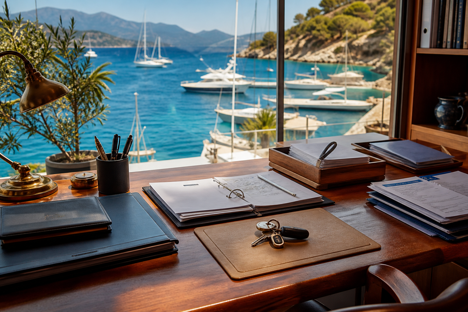 A tidy desk in a marina office with boat documents, folders and keys