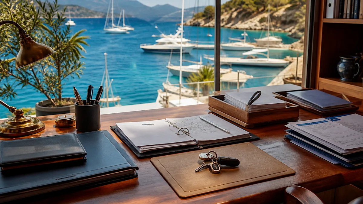 A tidy desk in a marina office with boat documents, folders and keys
