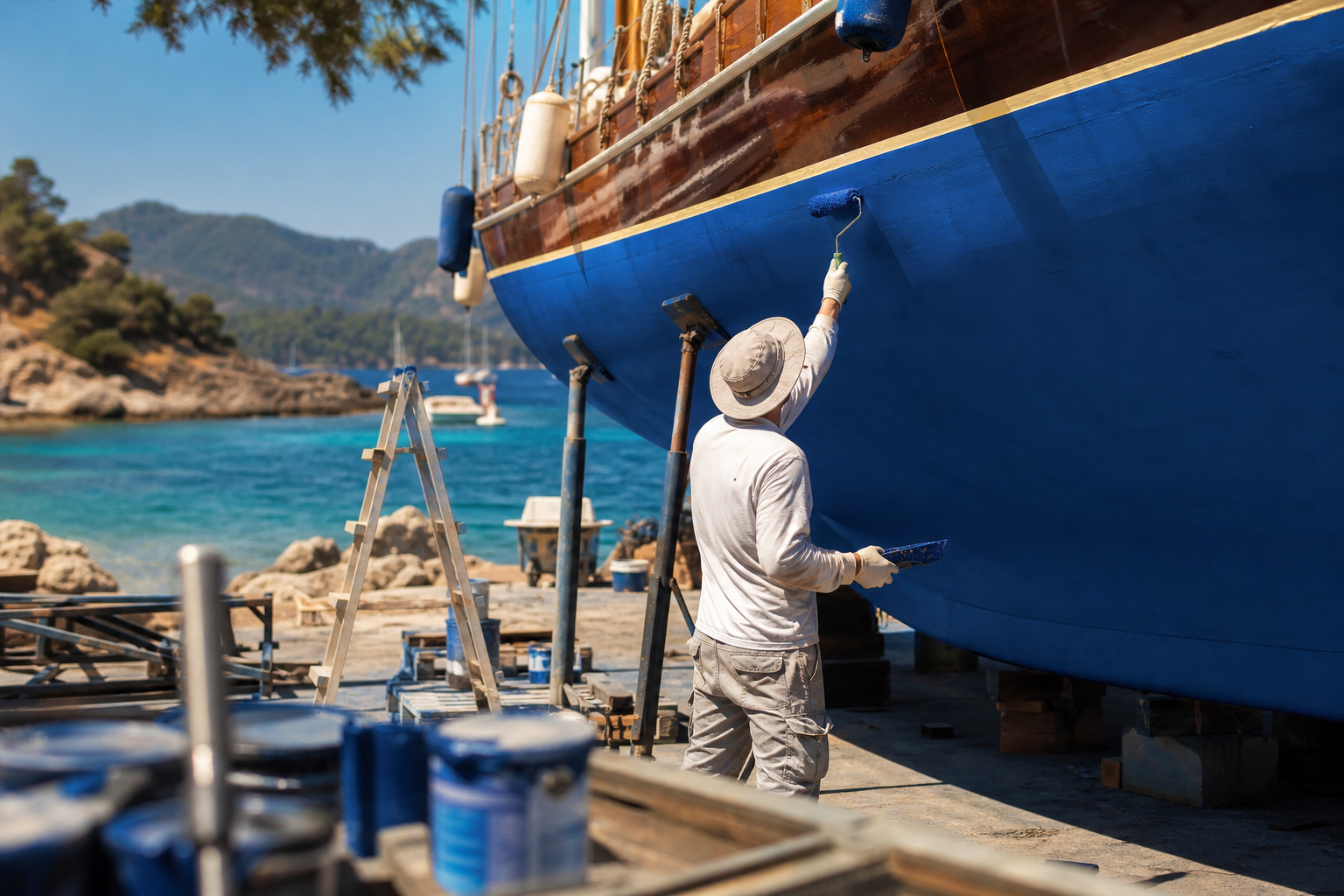 Blue antifouling being rolled onto the hull of a hauled-out boat