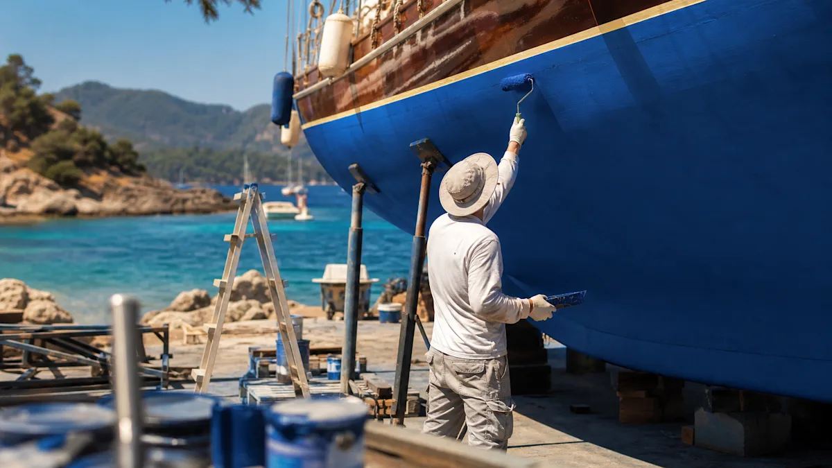 Blue antifouling being rolled onto the hull of a hauled-out boat