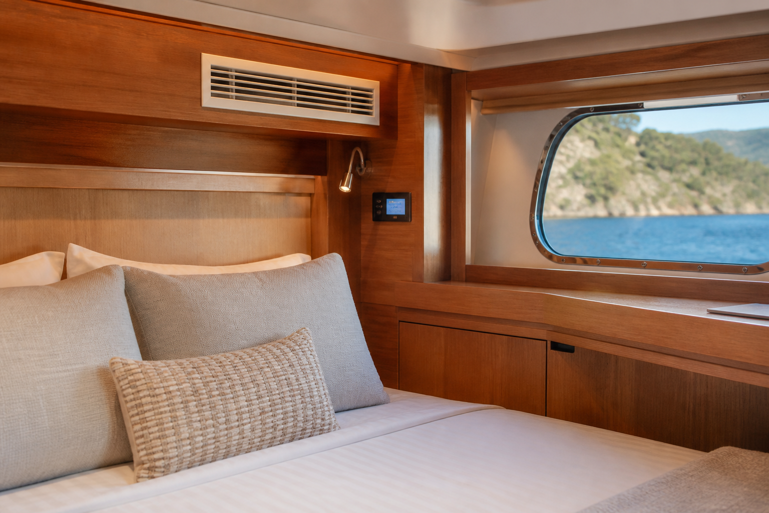 An air-conditioning outlet grille set into the cabin joinery with its control panel alongside