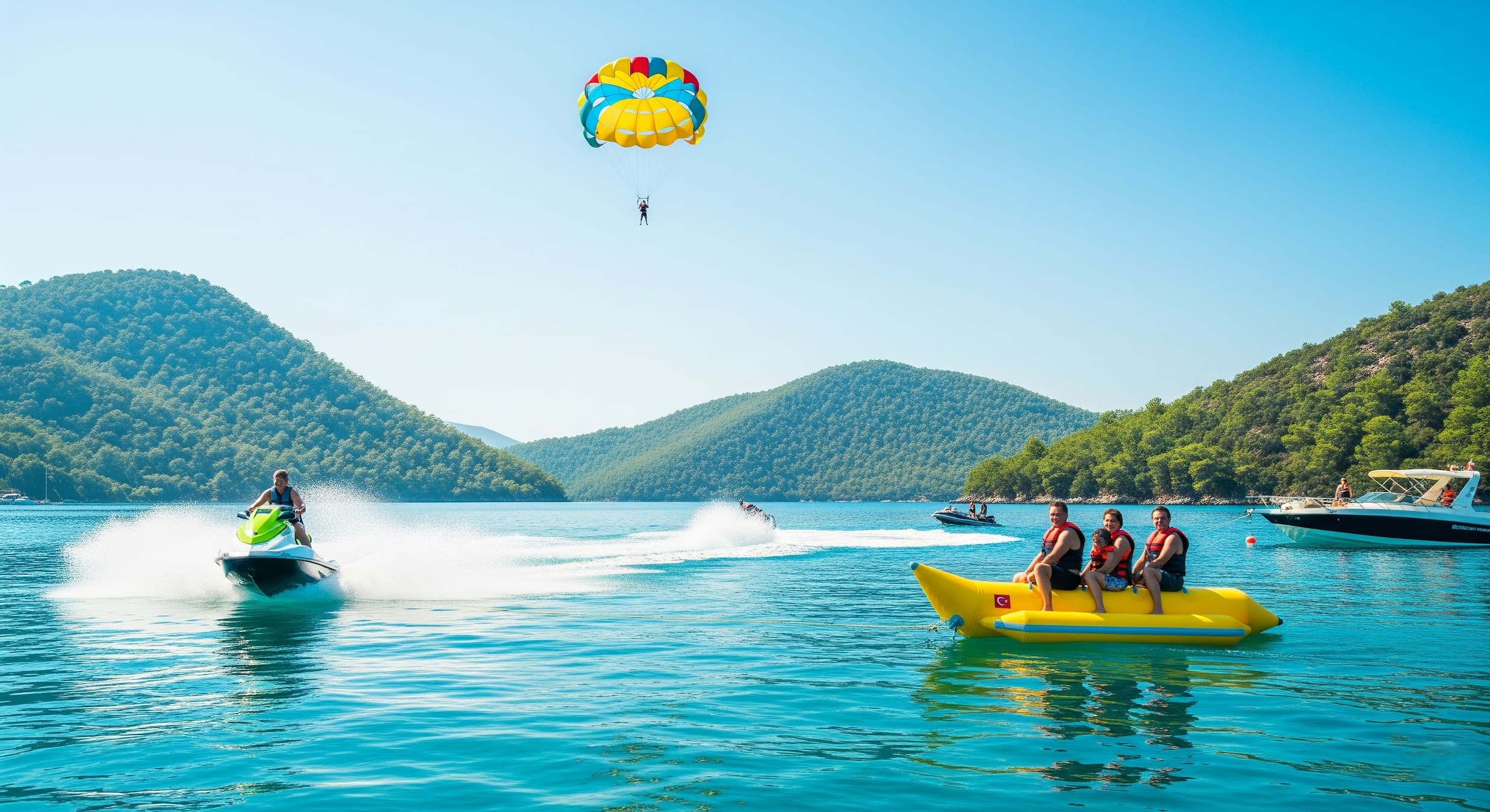 Göcek'in turkuaz sularında jet ski ve paddleboard gibi çeşitli su sporları yapan insanlar.