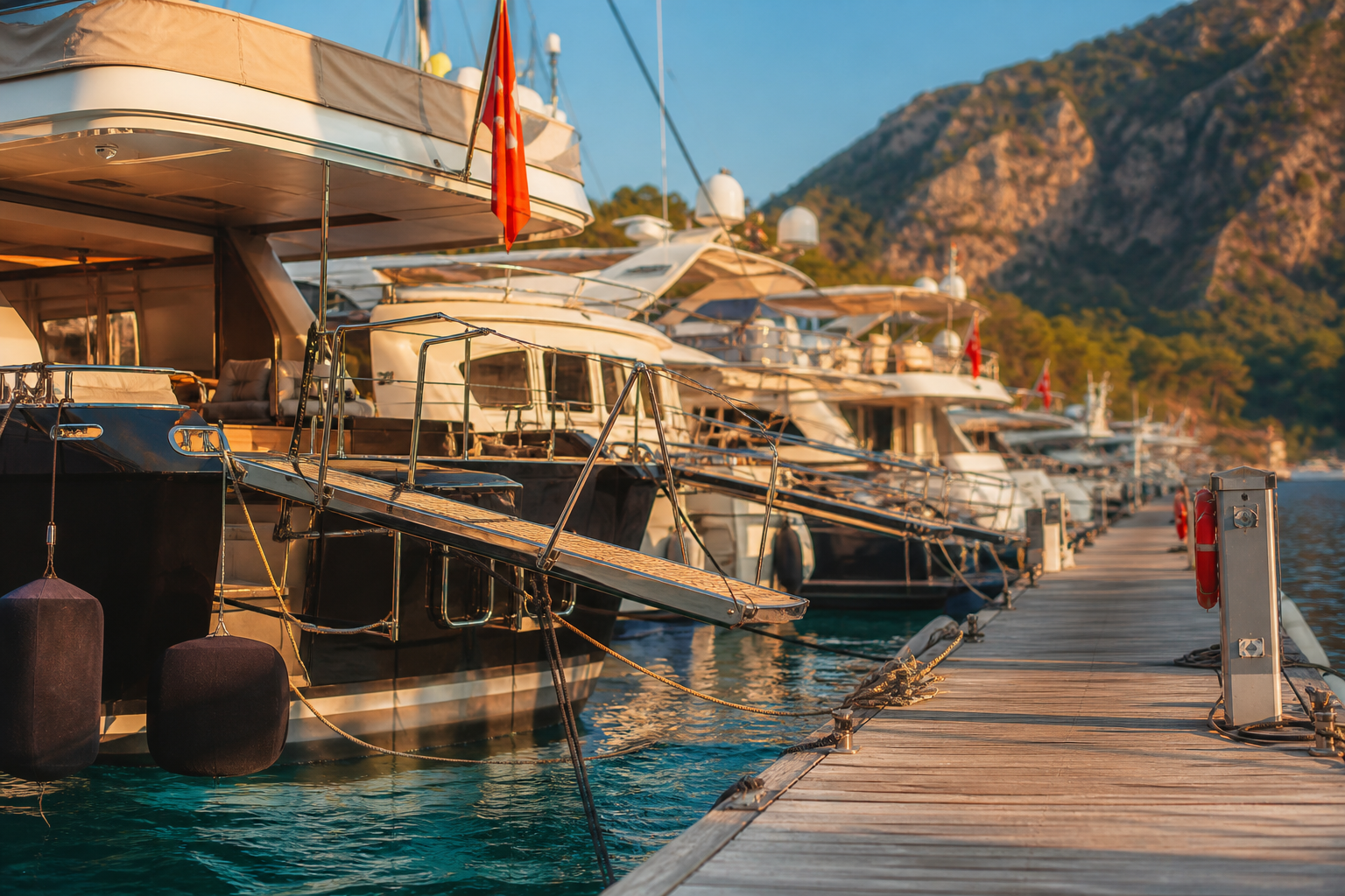 Marina pontonunda kıçtan karaya bağlı tekneler, usturmaçalar ve palamar halatları