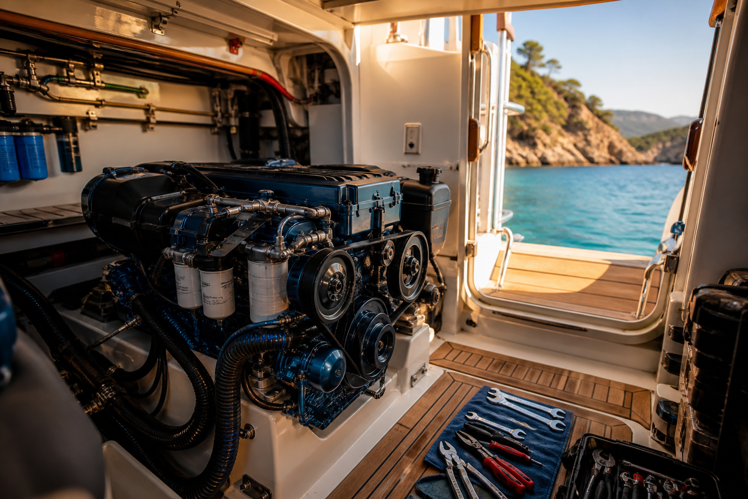 Motor bölmesinde marin dizel ve yanına serilmiş düzenli takım seti
