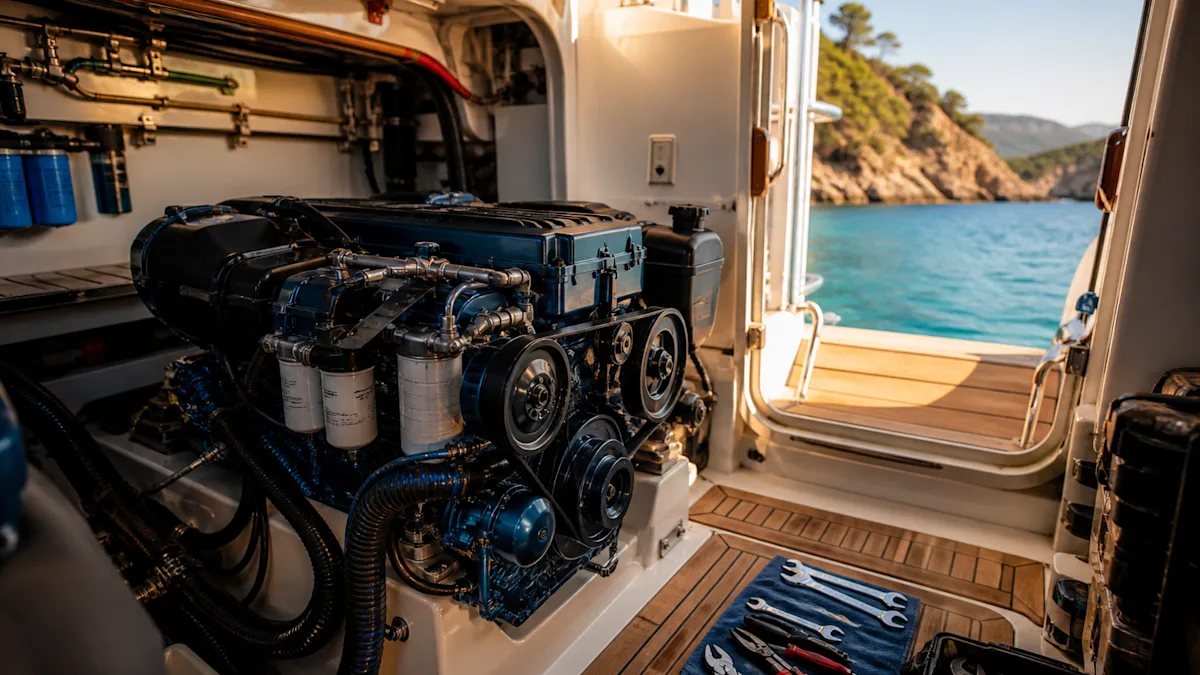 Motor bölmesinde marin dizel ve yanına serilmiş düzenli takım seti