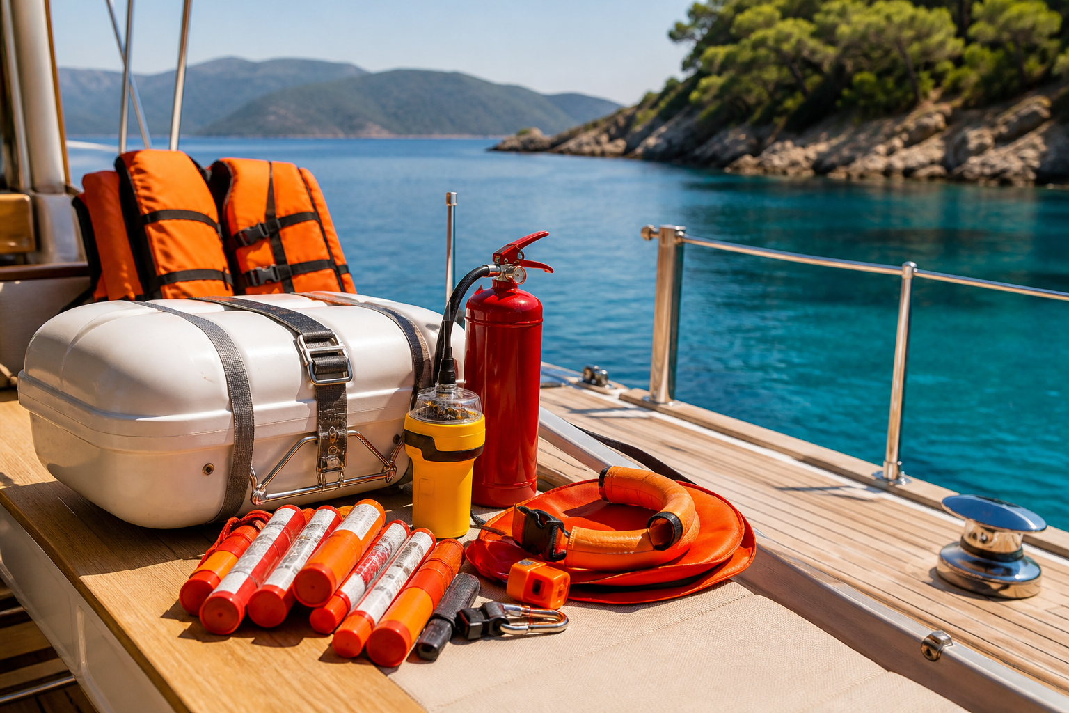 Life jackets, a fire extinguisher, flares and a liferaft laid ready on deck