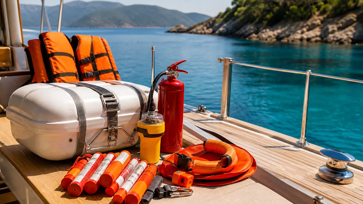 Life jackets, a fire extinguisher, flares and a liferaft laid ready on deck