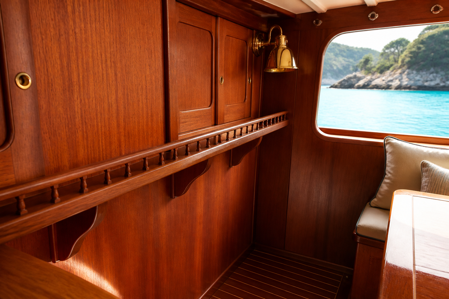 Restored interior joinery: mahogany cabinetry, a fiddled shelf and a brass light