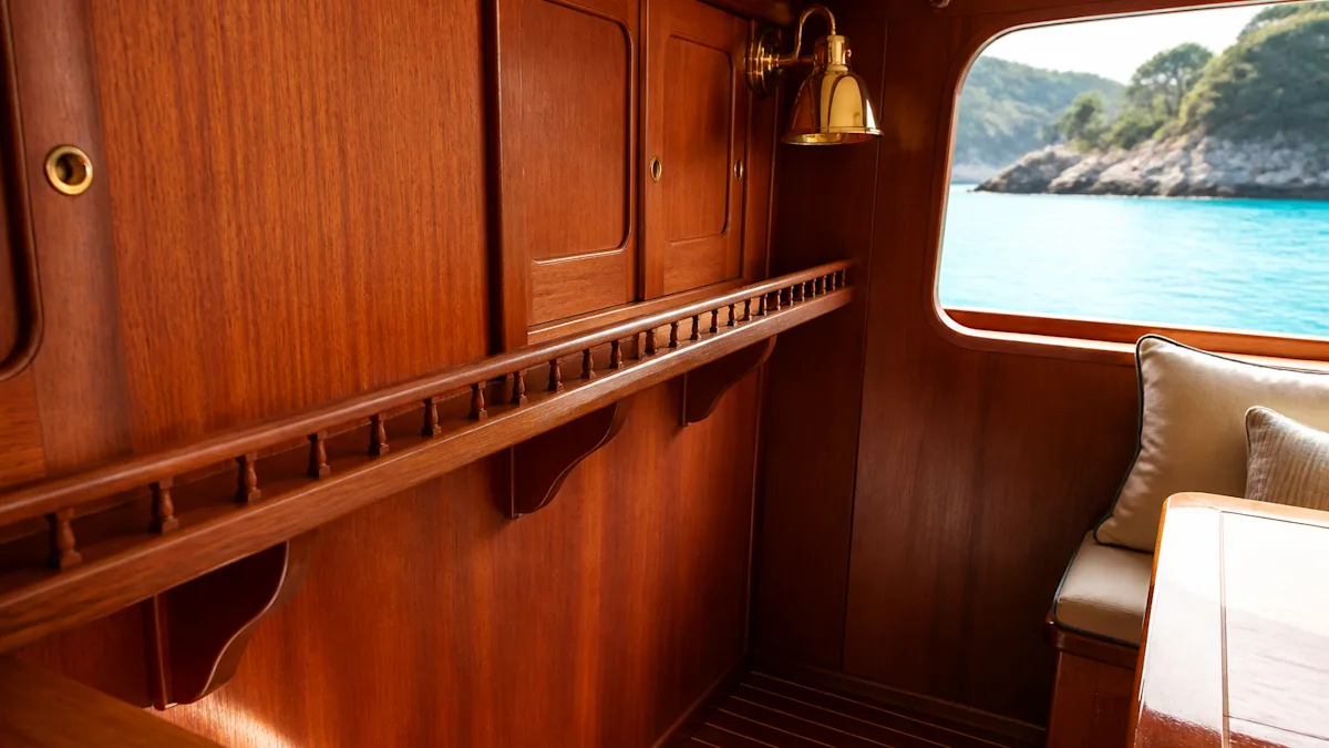 Restored interior joinery: mahogany cabinetry, a fiddled shelf and a brass light