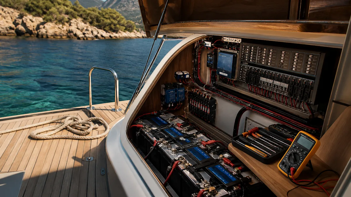 Teknenin elektrik panosu, sigortalar, akü grubu ve ölçüm için multimetre