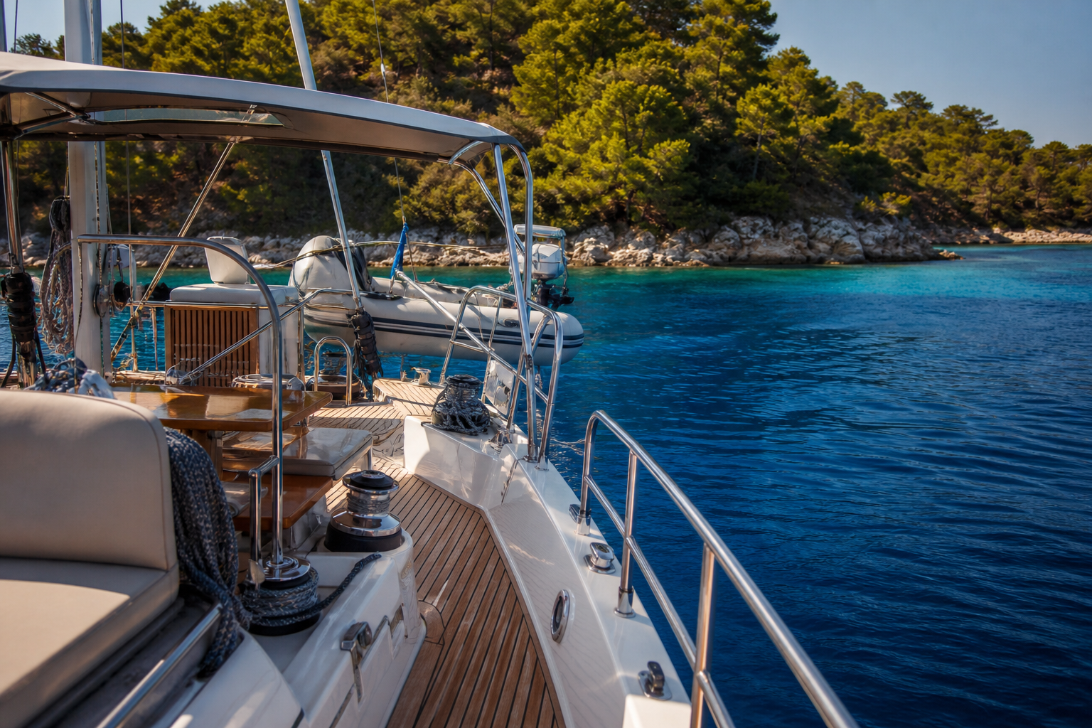 Winches, deck hardware and a tender on davits aboard a yacht