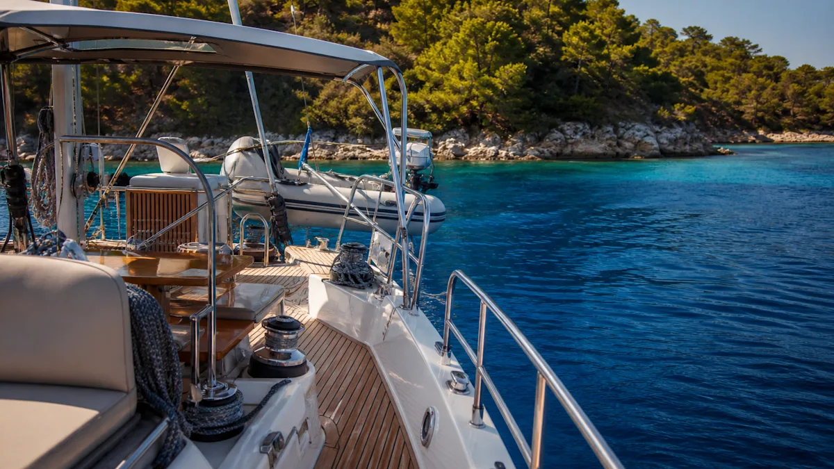 Winches, deck hardware and a tender on davits aboard a yacht