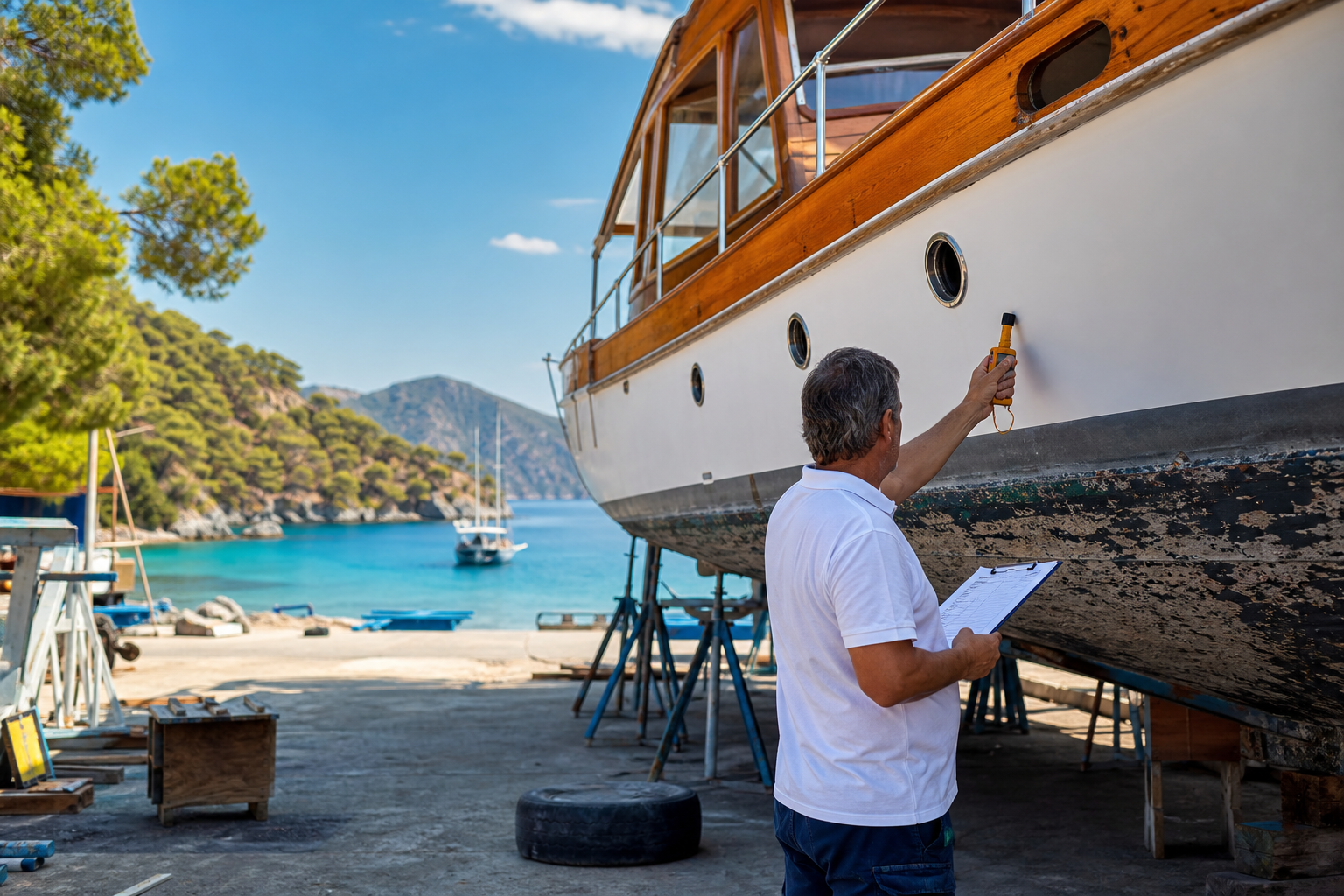 A surveyor taking notes while inspecting the flaking hull of a hauled-out boat